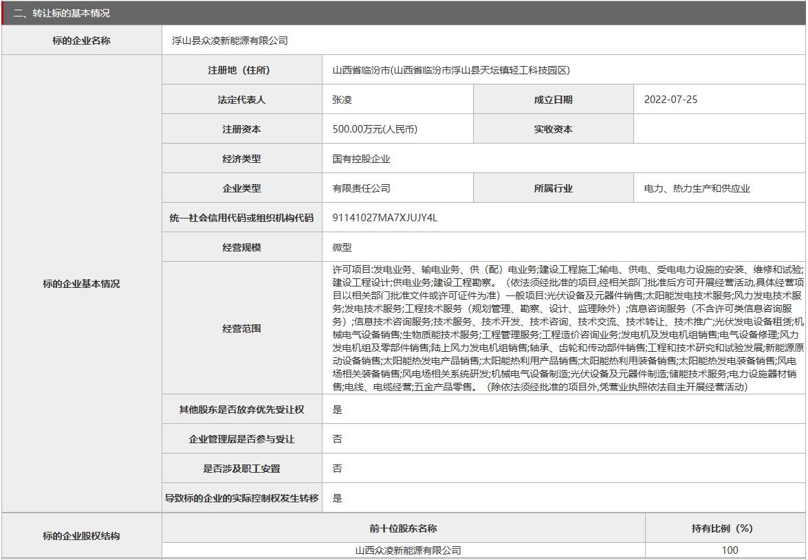浮山县众凌新能源有限公司100%股权在北京产权交易所挂牌