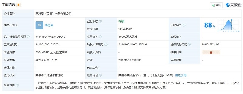 葛洲坝集团等在英德市成立水务公司，注册资本1亿