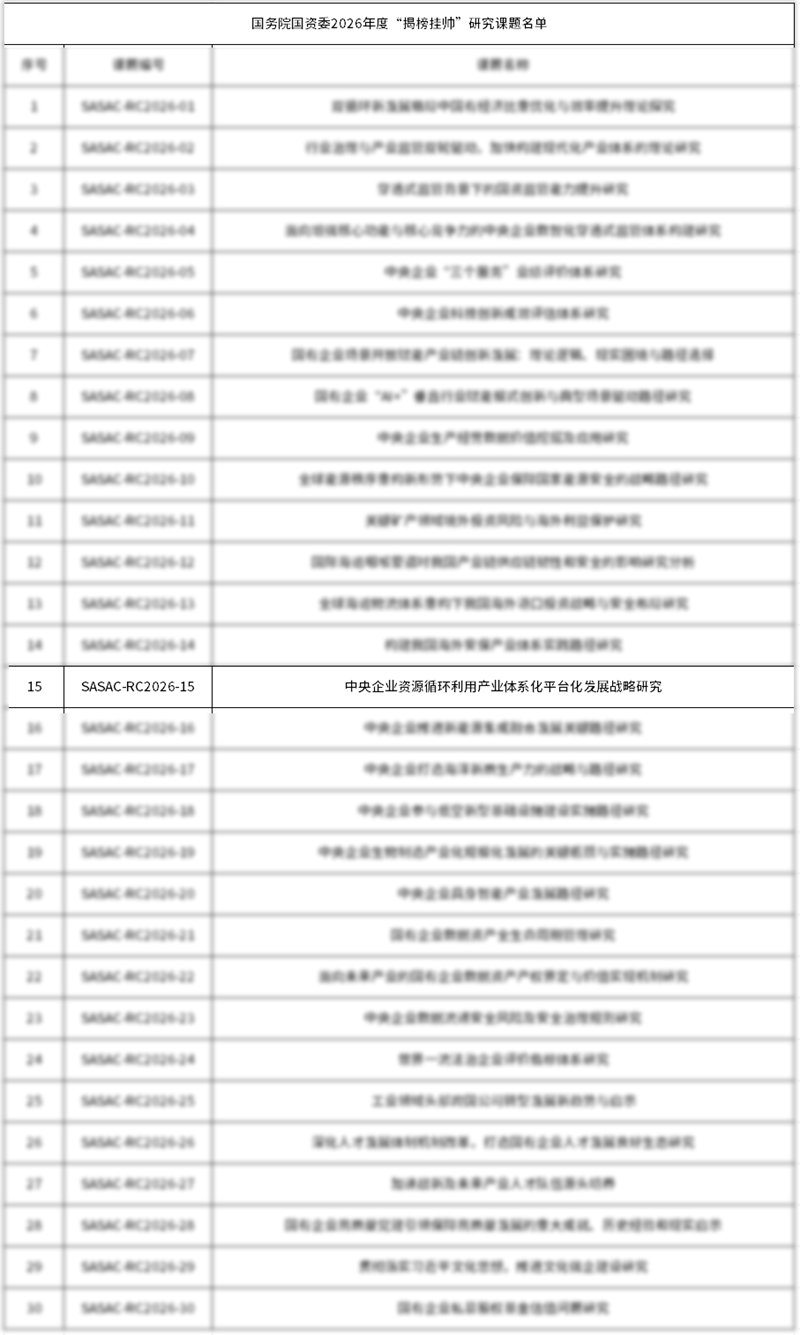资源循环产业发展课题入选！国资委2026年度“揭榜挂帅”申报启动